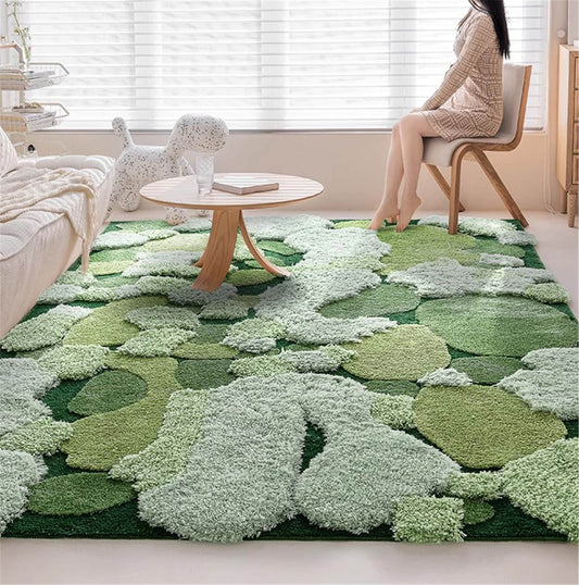 Large Green Moss Rug, Soft 3D Area Rug, Spring Grass Hand Tufted Fluffy Rug, Home Irregular Carpet, Washable Non-Slip Mat, Cottagecore Rug