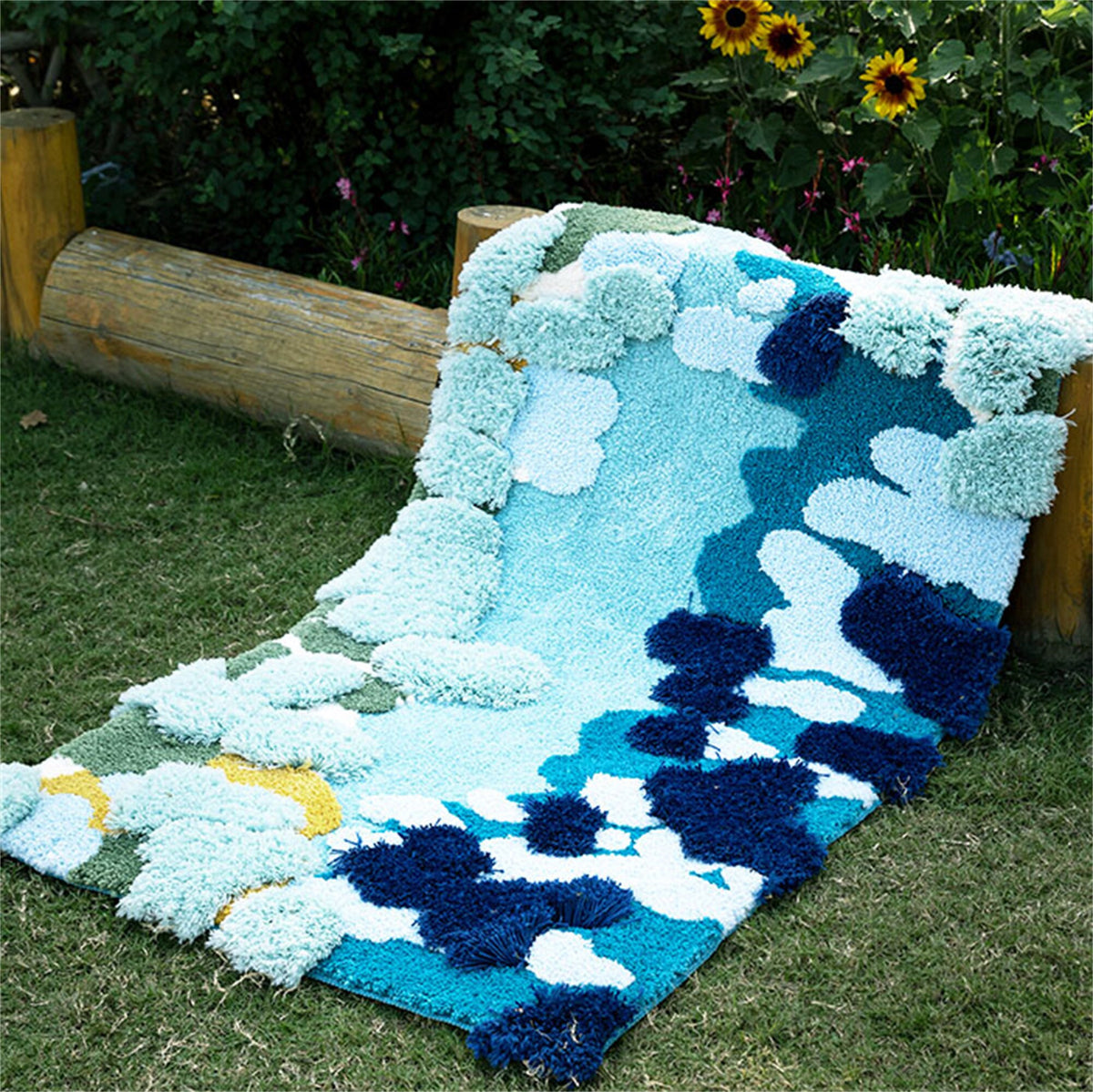 Floral Green Moss Area Rug for Bedroom Living Room, Blue Ocean Tufted Fluffy Irregular Carpet - view 8