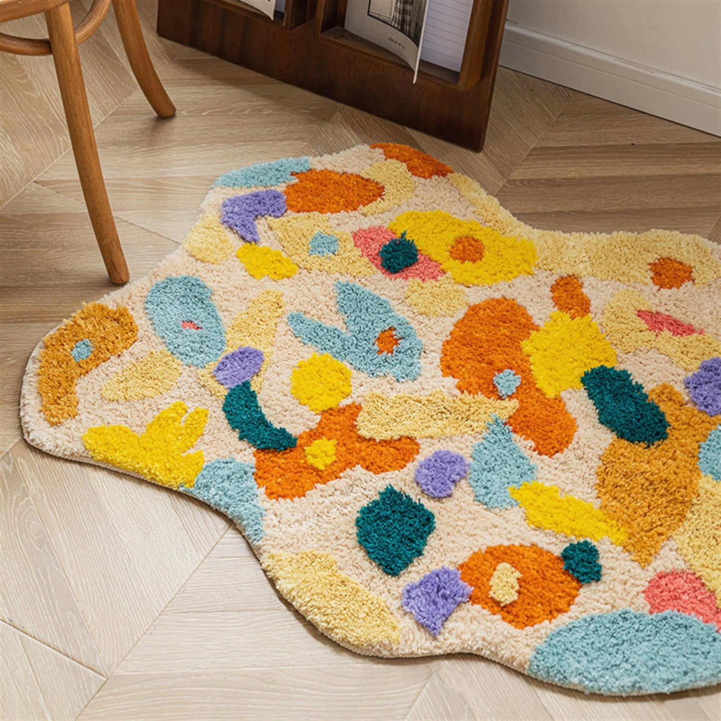 Autumn Moss Irregular Rug, Soft Area Rug, Grass Hand Tufted Fluffy Rug, Bedroom Irregular Carpet, Washable Non-Slip Bath Mat, Aesthetic Rug