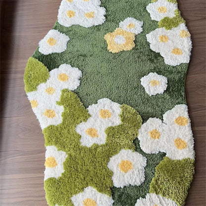 Daisy Green Grass Soft Tufted Fluffy Rug, Fairy Garden Moss Rug, 3D Floral Area Rug, Irregular Carpet, Aesthetic Rug, Washable Non-Slip Mat