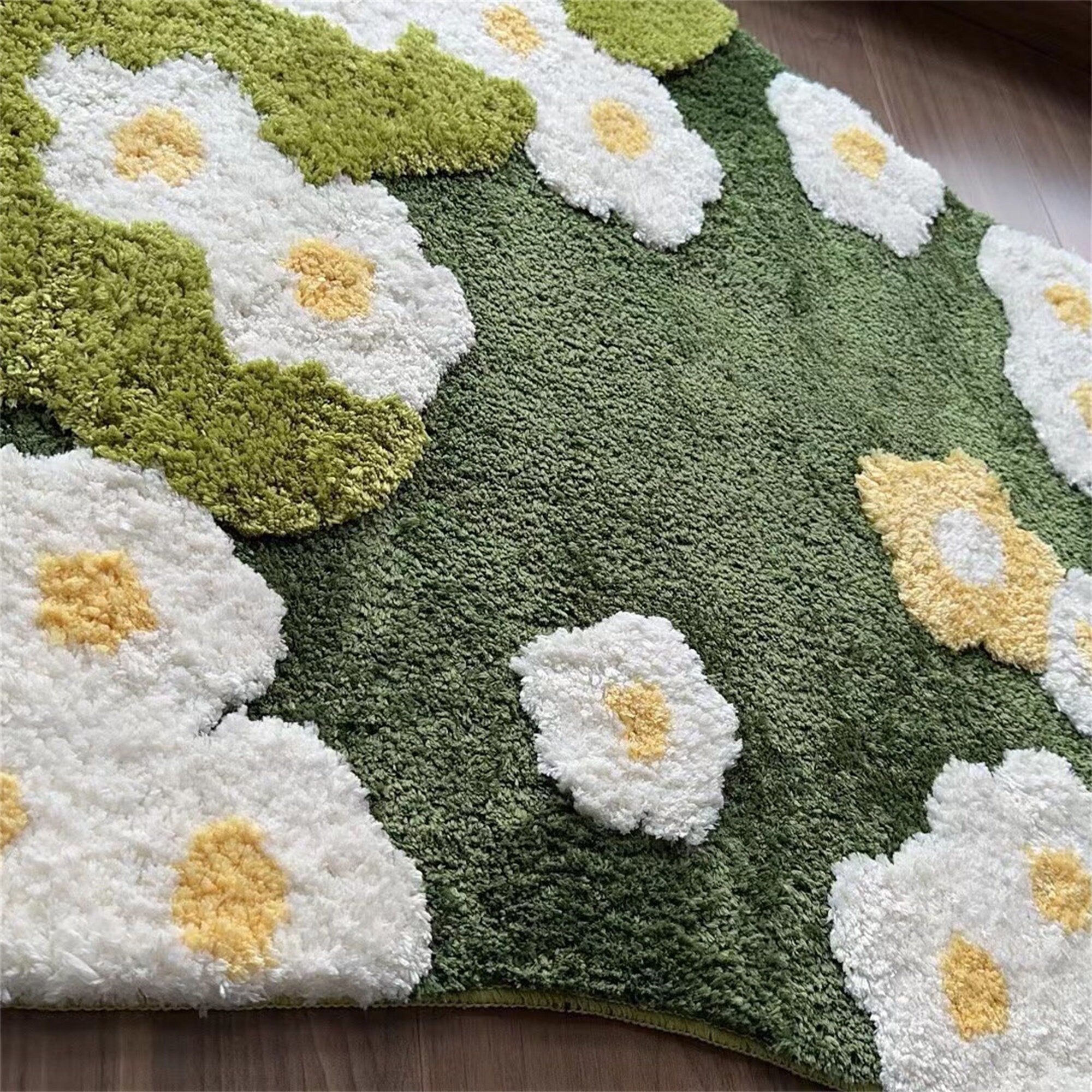 Daisy Green Grass Soft Tufted Fluffy Rug, Fairy Garden Moss Rug, 3D Floral Area Rug, Irregular Carpet, Aesthetic Rug, Washable Non-Slip Mat