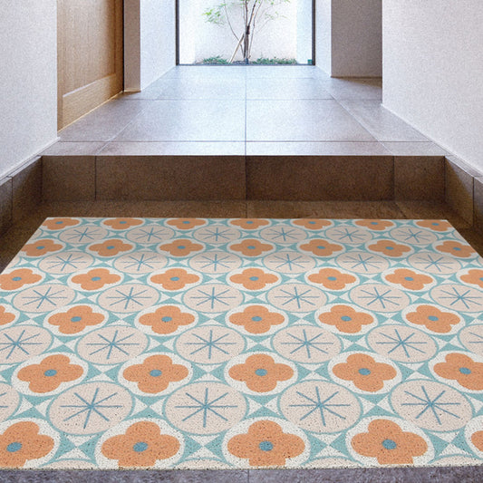 light blue and orange flower door mat