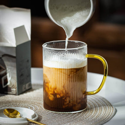 Stripe Embo Glass Mug with Yellow Glass Handle