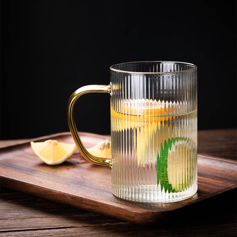 Stripe Embo Glass Mug with Yellow Glass Handle