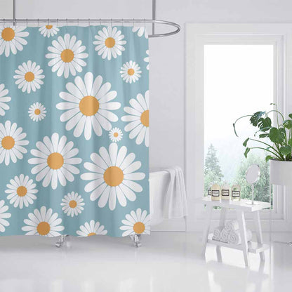 Feblilac Cute Daisy White and Blue Shower Curtain with Hooks, Floral Bathroom Curtains with Rings