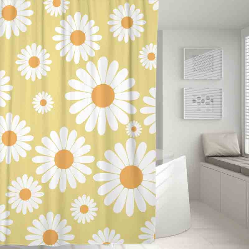 Feblilac Cute Daisy Shower Curtain with Hooks, White and Grey - Feblilac® Mat