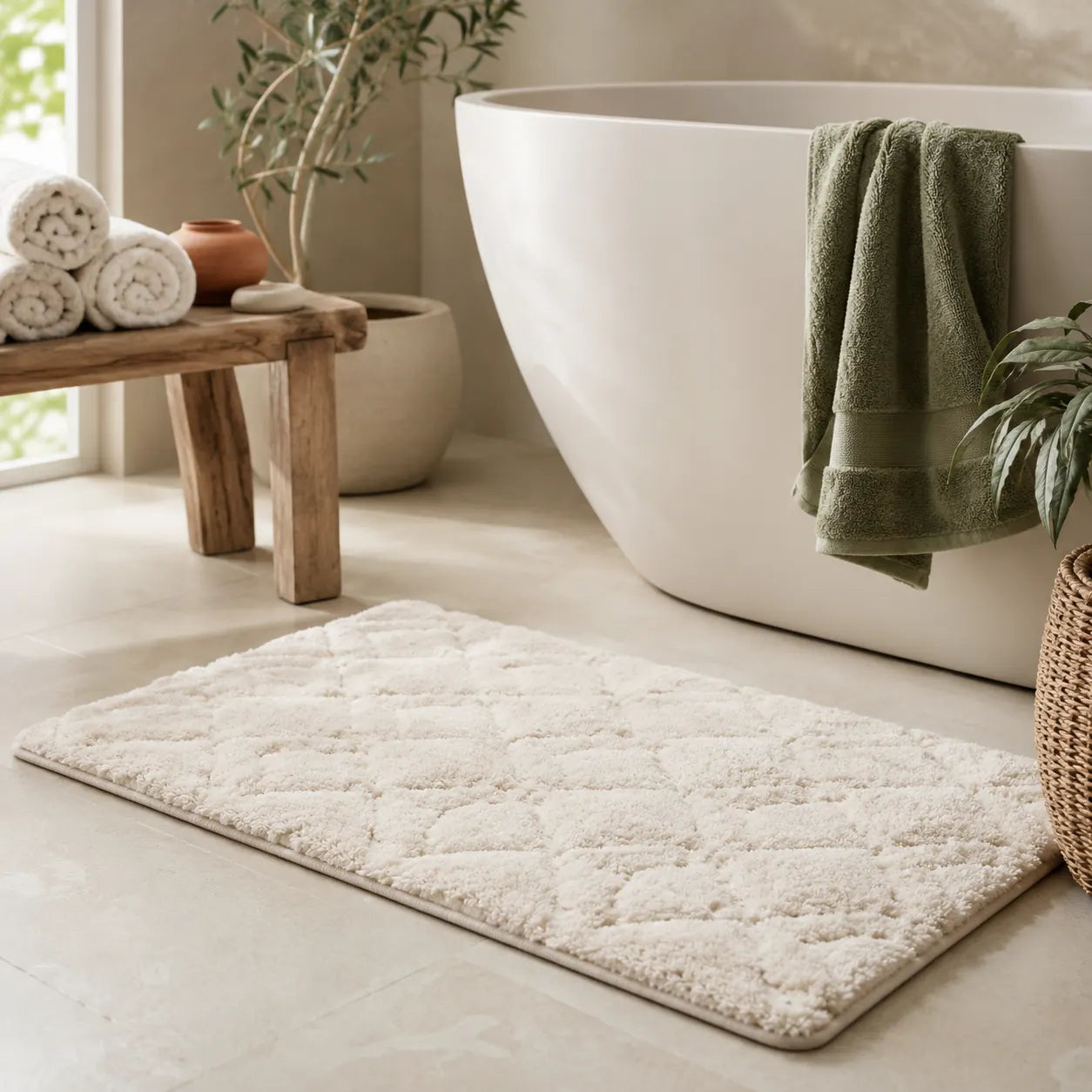 Soft bath mat beside a freestanding bath