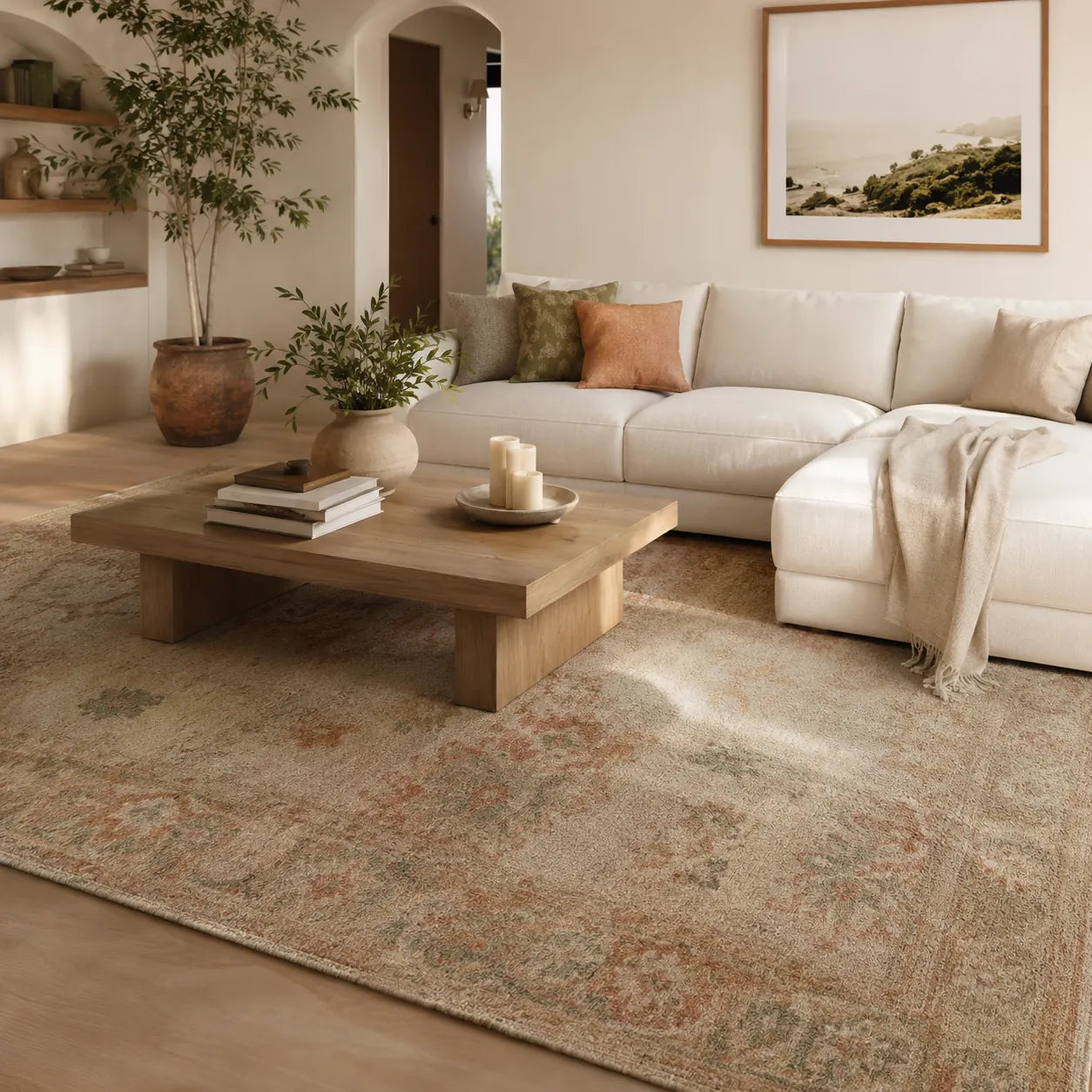 Area rug in a warm neutral living room