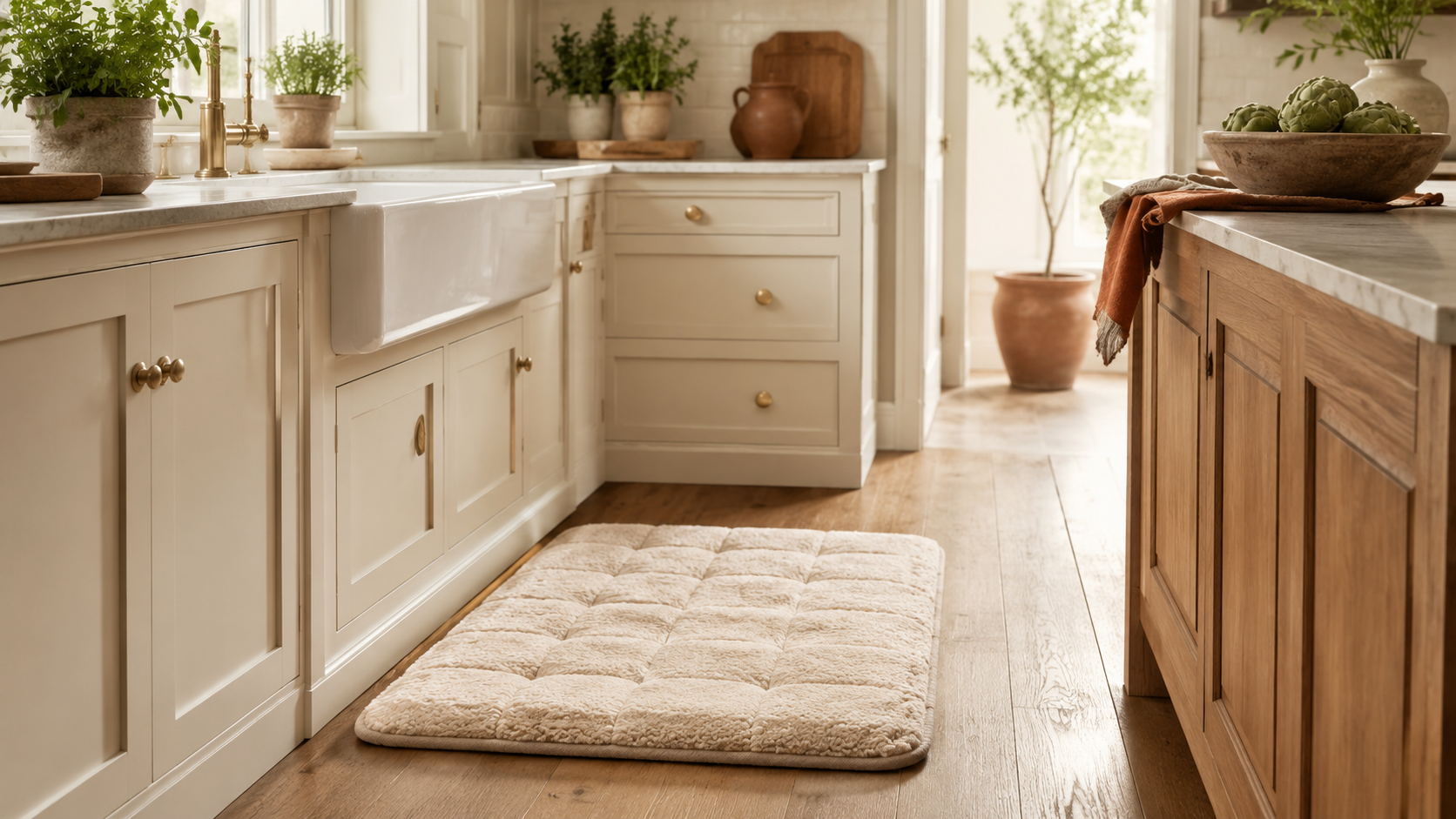 A custom mat styled in a warm kitchen